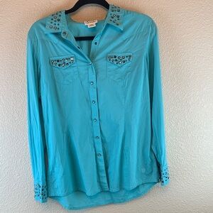 Ariat blue women’s collared shirt sz L studs western country coastal cowgirl